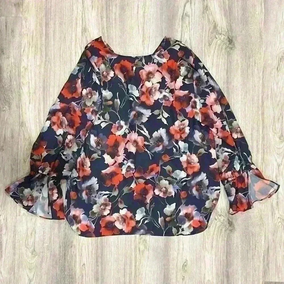 Emma & Olivia Floral Blouse Long Bell Sleeve Hi Low Crossover Front Size XL - Picture 4 of 6